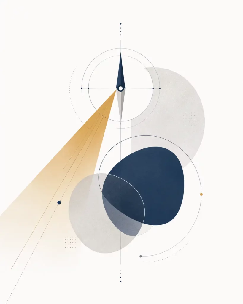 Illustration abstraite combinant boussole, faisceau lumineux et formes en dialogue pour symboliser l'orientation stratégique, le changement de perspective et l'échange.