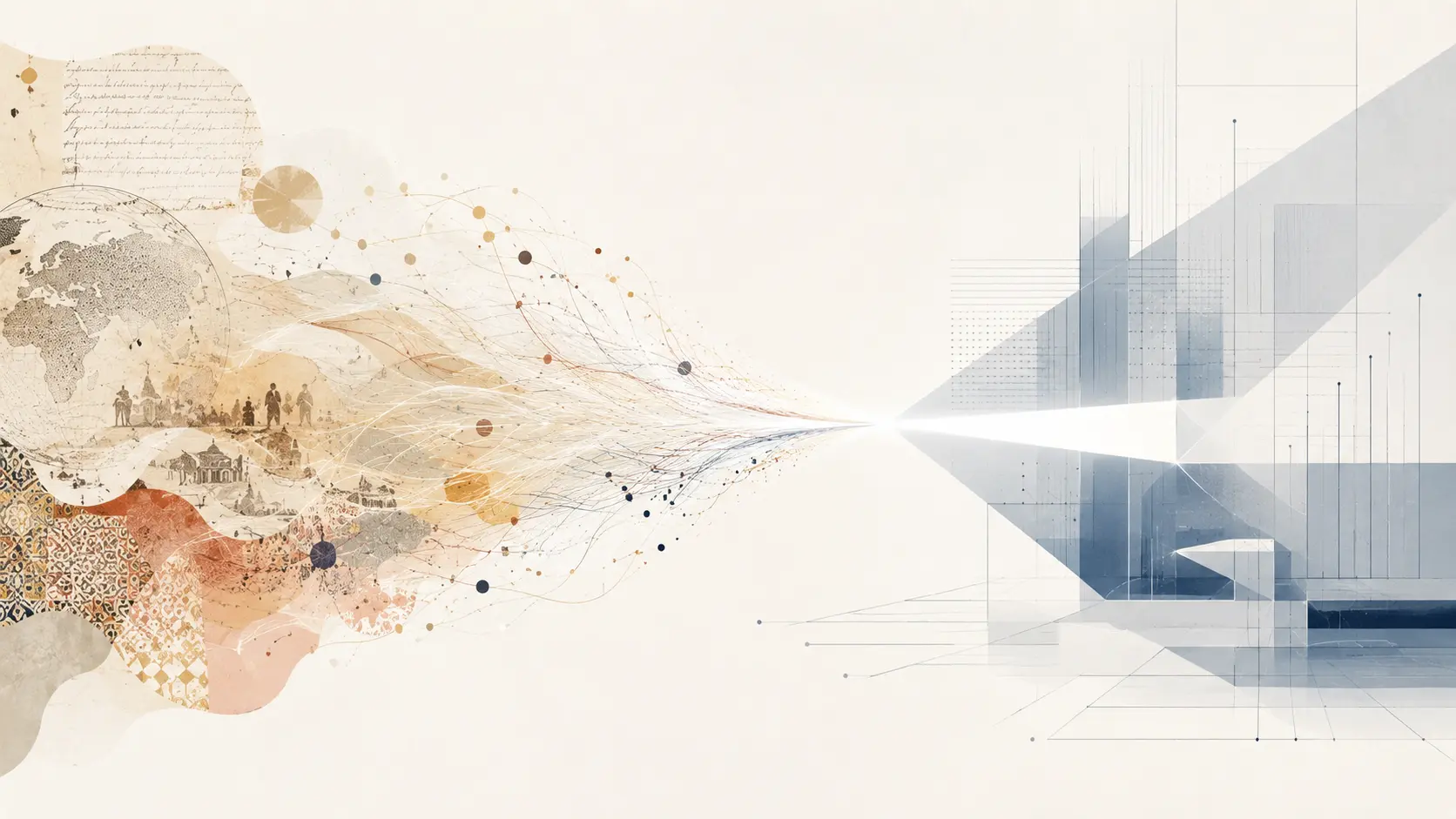 Illustration abstraite montrant la transformation de la complexité humaine, culturelle et géopolitique en clarté stratégique grâce à un faisceau lumineux.