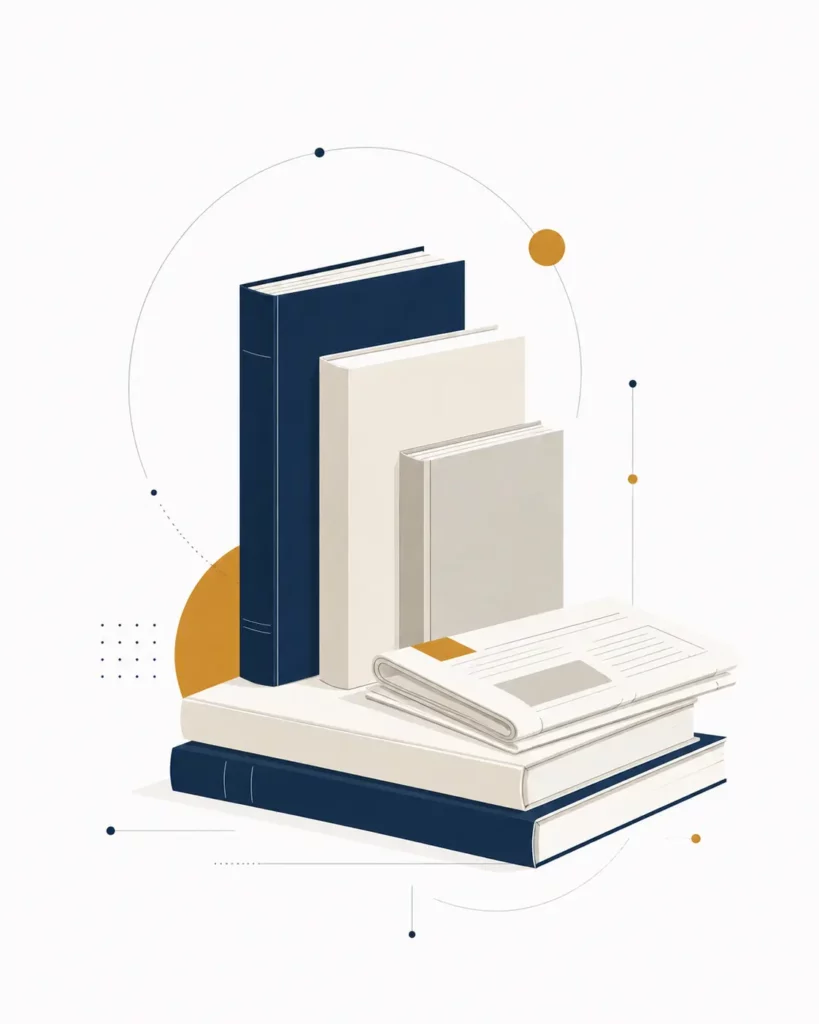 Pile de livres et document symbolisant les publications stratégiques, les ressources intellectuelles et l'expertise analytique.